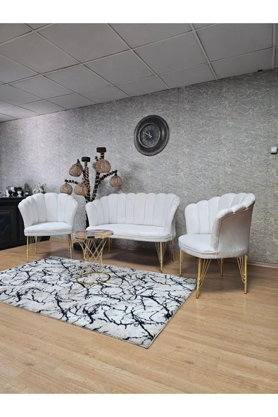 Gold Kaplama Tel Ayak Krem Döşeme Papatya Çay Seti Koltuk Takımı , Balkon, Salon, Ofis, Cafe Koltuk Takımı - 6