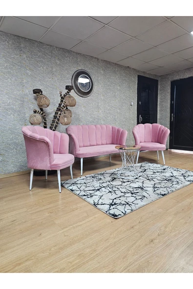 Beyaz Boyalı Sivriltme Ayak Pembe Döşeme Papatya Çay Seti Koltuk Takımı , Balkon, Salon, Ofis, Cafe Koltuk Takımı - 4