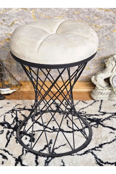 Yuvarlak Siyah Boyalı Pota - Krem Babyface Kumaş Puf , Bench , Puf Oturak , Bench , Ayak Ucu Oturak , Tabure , Makyaj Oturak - 5