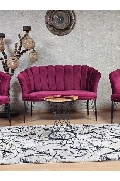 Siyah Boyalı Tel Ayak Bordo Döşeme Papatya Çay Seti Koltuk Takımı , Balkon, Salon, Ofis, Cafe Koltuk Takımı - 2