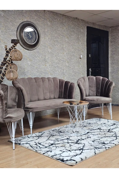 Beyaz Boyalı Tel Ayak Kahverengi Döşeme Papatya Çay Seti Koltuk Takımı , Balkon, Salon, Ofis, Cafe Koltuk Takımı - 5