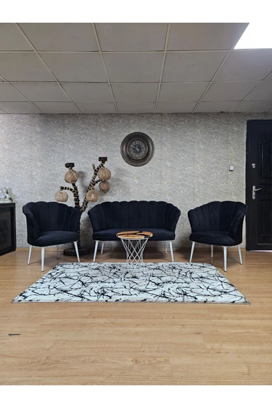 Beyaz Boyalı Sivriltme Ayak Siyah Döşeme Papatya Çay Seti Koltuk Takımı , Balkon, Salon, Ofis, Cafe Koltuk Takımı