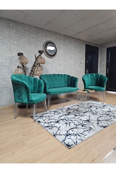 Krom Tel Ayak Yeşil Döşeme Papatya Çay Seti Koltuk Takımı , Balkon, Salon, Ofis, Cafe Koltuk Takımı - 4