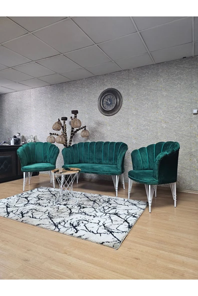 Beyaz Boyalı Tel Ayak Yeşil Döşeme Papatya Çay Seti Koltuk Takımı , Balkon, Salon, Ofis, Cafe Koltuk Takımı - 6