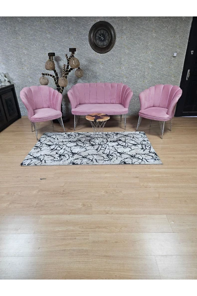 Krom Tel Ayak Pembe Döşeme Papatya Çay Seti Koltuk Takımı , Balkon, Salon, Ofis, Cafe Koltuk Takımı - 5