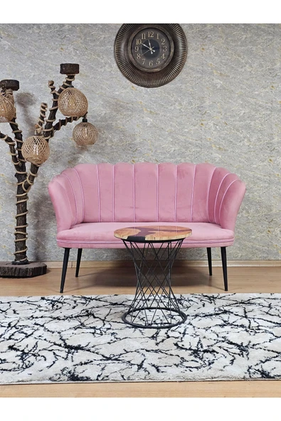 İkili Siyah Boyalı Sivriltme Ayak Pembe Döşeme Papatya Çay Seti Koltuk Takımı , Balkon, Salon, Ofis, Cafe Koltuk Takımı