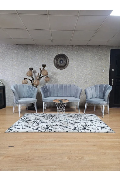 Beyaz Boyalı Tel Ayak Gri Döşeme Papatya Çay Seti Koltuk Takımı , Balkon, Salon, Ofis, Cafe Koltuk Takımı