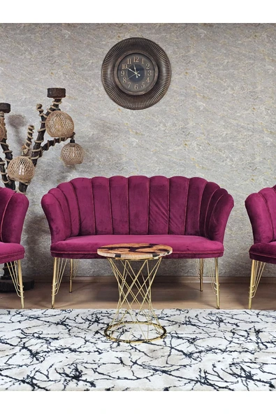 Gold Kaplama Tel Ayak Bordo Döşeme Papatya Çay Seti Koltuk Takımı , Balkon, Salon, Ofis, Cafe Koltuk Takımı - 2