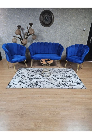 Gold Kaplama Tel Ayak Mavi Döşeme Papatya Çay Seti Koltuk Takımı , Balkon, Salon, Ofis, Cafe Koltuk Takımı - 3