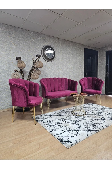 Gold Kaplama Tel Ayak Bordo Döşeme Papatya Çay Seti Koltuk Takımı , Balkon, Salon, Ofis, Cafe Koltuk Takımı - 4