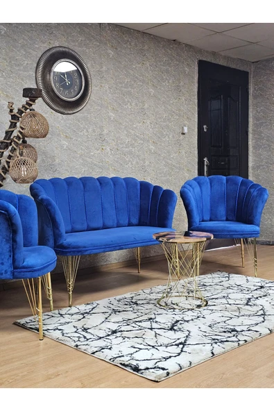 Gold Kaplama Tel Ayak Mavi Döşeme Papatya Çay Seti Koltuk Takımı , Balkon, Salon, Ofis, Cafe Koltuk Takımı - 7