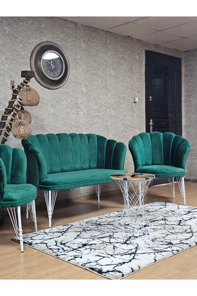Beyaz Boyalı Tel Ayak Yeşil Döşeme Papatya Çay Seti Koltuk Takımı , Balkon, Salon, Ofis, Cafe Koltuk Takımı - 5