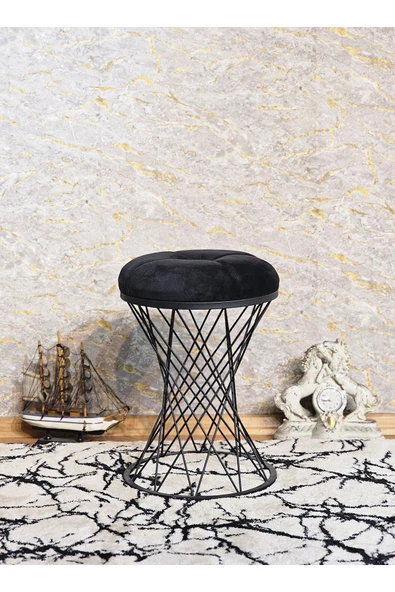 Yuvarlak Siyah Boyalı Pota - Siyah Babyface Kumaş Puf , Bench , Puf Oturak , Bench , Ayak Ucu Oturak , Tabure , Makyaj Oturak - 6