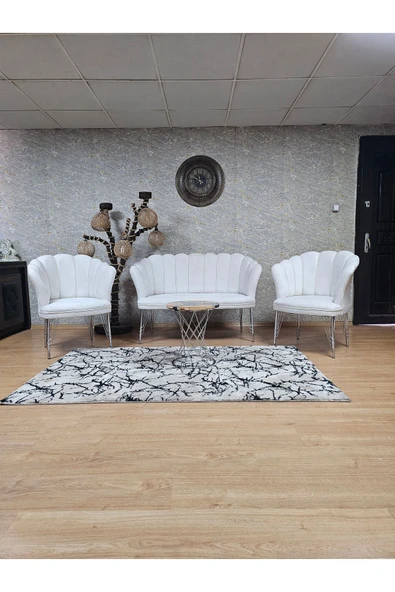 Krom Tel Ayak Krem Döşeme Papatya Çay Seti Koltuk Takımı , Balkon, Salon, Ofis, Cafe Koltuk Takımı