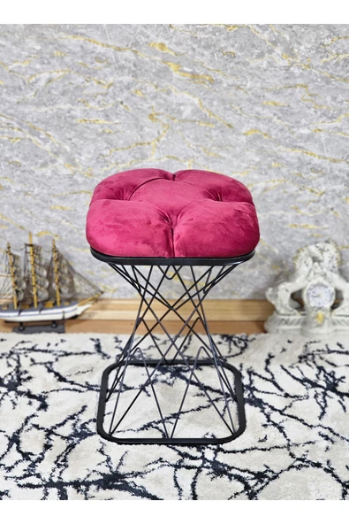 Kare Siyah Boyalı Pota - Bordo Babyface Kumaş Puf , Bench , Puf Oturak , Bench , Ayak Ucu Oturak , Tabure , Makyaj Oturak - 4