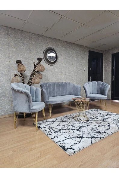 Gold Kaplama Tel Ayak Gri Döşeme Papatya Çay Seti Koltuk Takımı , Balkon, Salon, Ofis, Cafe Koltuk Takımı - 6