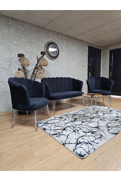 Krom Tel Ayak Siyah Döşeme Papatya Çay Seti Koltuk Takımı , Balkon, Salon, Ofis, Cafe Koltuk Takımı - 4