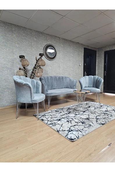 Krom Tel Ayak Gri Döşeme Papatya Çay Seti Koltuk Takımı , Balkon, Salon, Ofis, Cafe Koltuk Takımı - 4