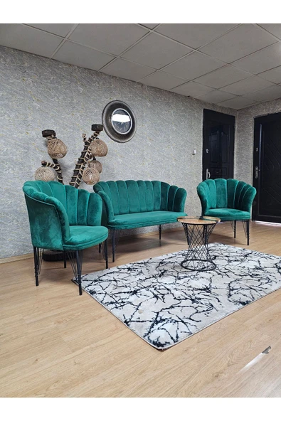 Siyah Boyalı Tel Ayak Yeşil Döşeme Papatya Çay Seti Koltuk Takımı , Balkon, Salon, Ofis, Cafe Koltuk Takımı - 4
