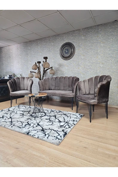 Siyah Boyalı Tel Ayak Kahverengi Döşeme Papatya Çay Seti Koltuk Takımı , Balkon, Salon, Ofis, Cafe Koltuk Takımı - 5