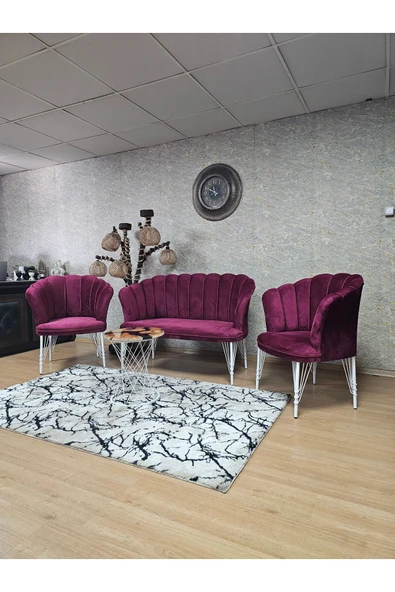 Beyaz Boyalı Tel Ayak Bordo Döşeme Papatya Çay Seti Koltuk Takımı , Balkon, Salon, Ofis, Cafe Koltuk Takımı - 6
