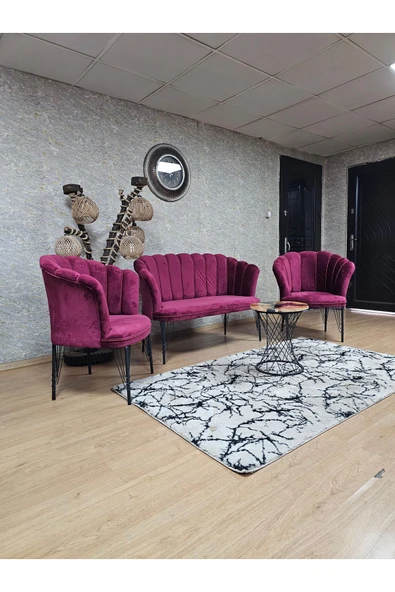 Siyah Boyalı Tel Ayak Bordo Döşeme Papatya Çay Seti Koltuk Takımı , Balkon, Salon, Ofis, Cafe Koltuk Takımı - 4