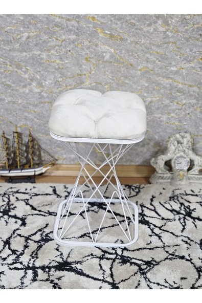 Kare Beyaz Boyalı Pota - Krem Babyface Kumaş Puf , Bench , Puf Oturak , Bench , Ayak Ucu Oturak , Tabure , Makyaj Oturak - 3