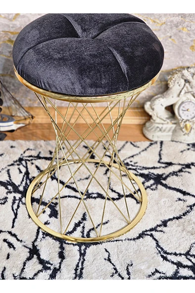 Yuvarlak Gold Kaplama Puf Oturak - Bench - Ayak Ucu Oturak - Tabure - Makyaj Oturak FÜME Renk Yuvarlak Boyut/Ebat - Resim 3