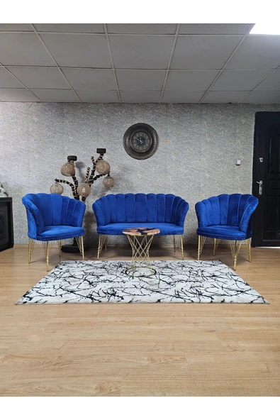 Gold Kaplama Tel Ayak Mavi Döşeme Papatya Çay Seti Koltuk Takımı , Balkon, Salon, Ofis, Cafe Koltuk Takımı - 2