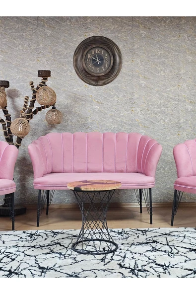 Siyah Boyalı Tel Ayak Pembe Döşeme Papatya Çay Seti Koltuk Takımı , Balkon, Salon, Ofis, Cafe Koltuk Takımı - 2