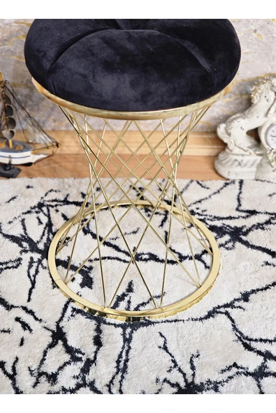 Yuvarlak Gold Kaplama Pota - Siyah Babyface Kumaş Puf , Bench , Puf Oturak , Bench , Ayak Ucu Oturak , Tabure , Makyaj Oturak - 2