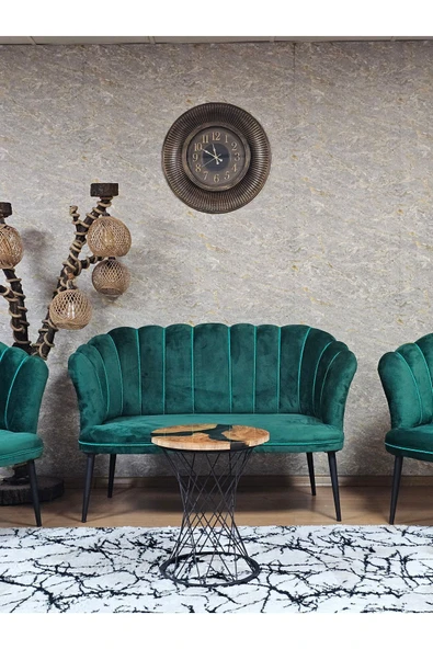 Siyah Boyalı Sivriltme Ayak Yeşil Döşeme Papatya Çay Seti Koltuk Takımı , Balkon, Salon, Ofis, Cafe Koltuk Takımı - 2