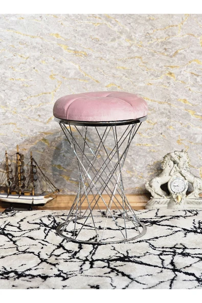 Yuvarlak Krom Kaplama  Pota - Pembe Babyface Kumaş  Puf , Bench , Puf Oturak , Bench , Ayak Ucu Oturak , Tabure , Makyaj Oturak - Resim 5
