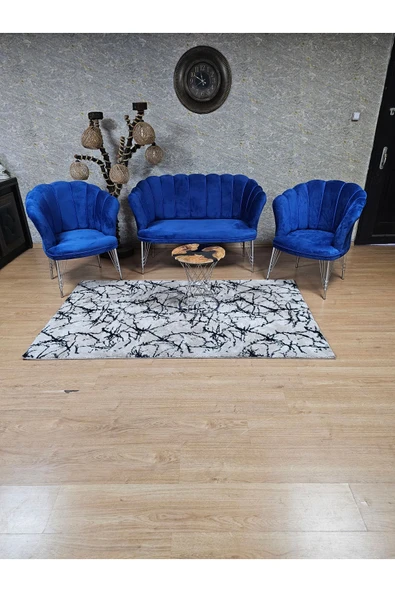 Krom Tel Ayak Mavi Döşeme Papatya Çay Seti Koltuk Takımı , Balkon, Salon, Ofis, Cafe Koltuk Takımı - 3