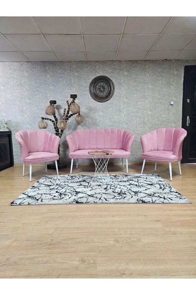 Beyaz Boyalı Sivriltme Ayak Pembe Döşeme Papatya Çay Seti Koltuk Takımı , Balkon, Salon, Ofis, Cafe Koltuk Takımı