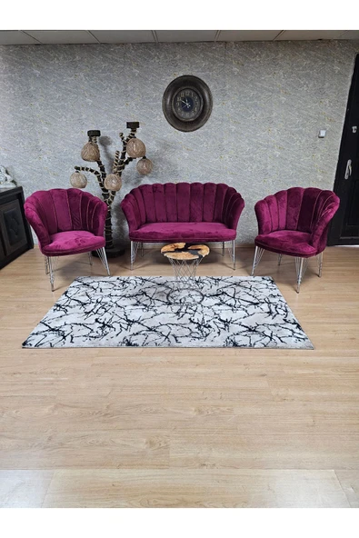 Krom Tel Ayak Bordo Döşeme Papatya Çay Seti Koltuk Takımı , Balkon, Salon, Ofis, Cafe Koltuk Takımı - 3