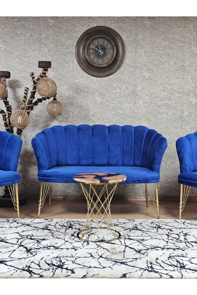 Gold Kaplama Tel Ayak Mavi Döşeme Papatya Çay Seti Koltuk Takımı , Balkon, Salon, Ofis, Cafe Koltuk Takımı - 2