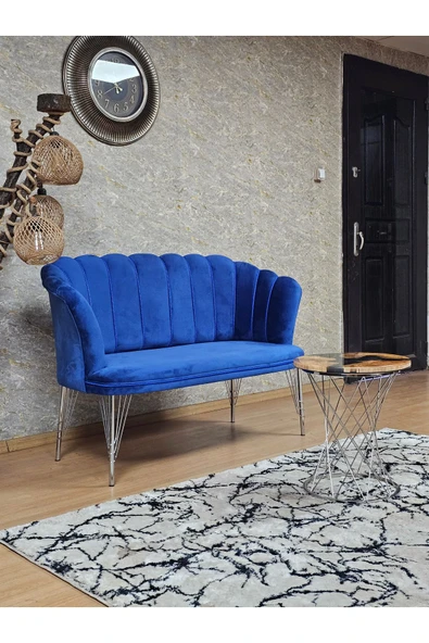 İkili Krom Tel Ayak Mavi Döşeme Papatya Çay Seti Koltuk Takımı , Balkon, Salon, Ofis, Cafe Koltuk Takımı - Resim 2