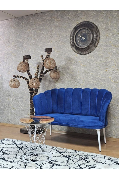 İkili Beyaz Boyalı Sivriltme Ayak Mavi Döşeme Papatya Çay Seti Koltuk Takımı , Balkon, Salon, Ofis, Cafe Koltuk Takımı - Resim 3