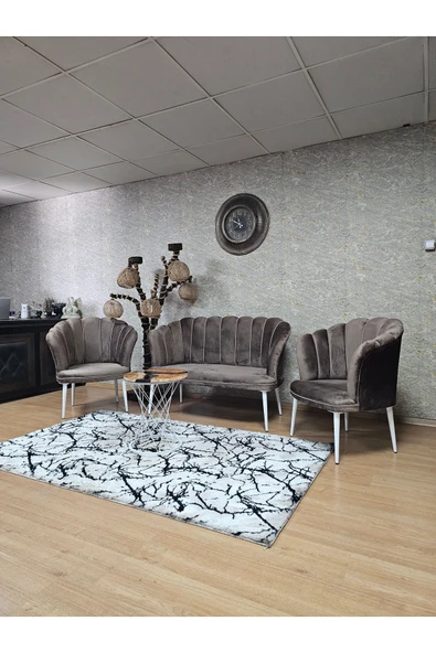 Beyaz Boyalı Sivriltme Ayak Kahverengi Döşeme Papatya Çay Seti Koltuk Takımı , Balkon, Salon, Ofis, Cafe Koltuk Takımı - Resim 6