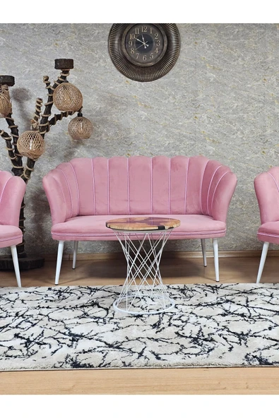 Beyaz Boyalı Sivriltme Ayak Pembe Döşeme Papatya Çay Seti Koltuk Takımı , Balkon, Salon, Ofis, Cafe Koltuk Takımı - 2