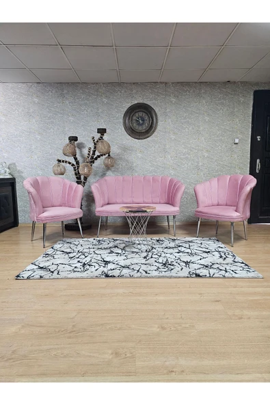 Krom Kaplama Sivriltme Ayak Pembe Döşeme Papatya Çay Seti Koltuk Takımı , Balkon, Salon, Ofis, Cafe Koltuk Takımı