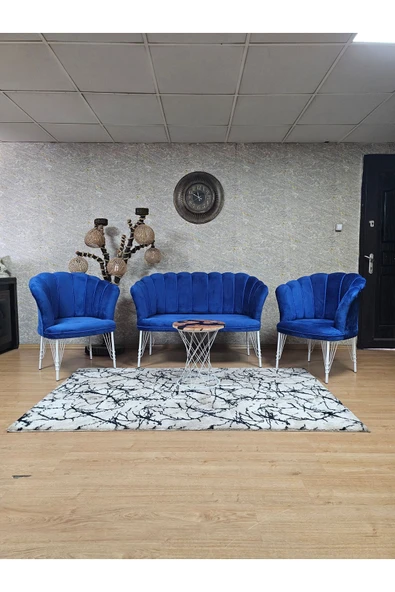 Beyaz Boyalı Tel Ayak Mavi Döşeme Papatya Çay Seti Koltuk Takımı , Balkon, Salon, Ofis, Cafe Koltuk Takımı
