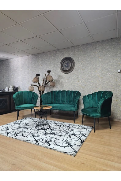 Siyah Boyalı Sivriltme Ayak Yeşil Döşeme Papatya Çay Seti Koltuk Takımı , Balkon, Salon, Ofis, Cafe Koltuk Takımı - 6