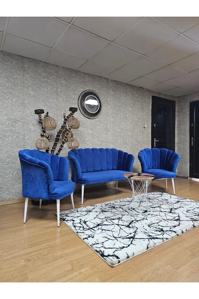 Beyaz Boyalı Sivriltme Ayak Mavi Döşeme Papatya Çay Seti Koltuk Takımı , Balkon, Salon, Ofis, Cafe Koltuk Takımı - 6
