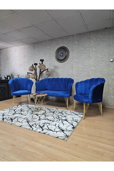 Gold Kaplama Tel Ayak Mavi Döşeme Papatya Çay Seti Koltuk Takımı , Balkon, Salon, Ofis, Cafe Koltuk Takımı - 6