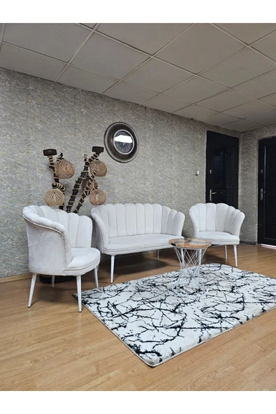 Beyaz Boyalı Sivriltme Ayak Krem Döşeme Papatya Çay Seti Koltuk Takımı , Balkon, Salon, Ofis, Cafe Koltuk Takımı - 4