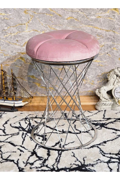 Yuvarlak Krom Kaplama  Pota - Pembe Babyface Kumaş  Puf , Bench , Puf Oturak , Bench , Ayak Ucu Oturak , Tabure , Makyaj Oturak - Resim 3