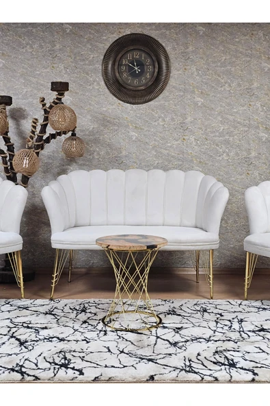 Gold Kaplama Tel Ayak Krem Döşeme Papatya Çay Seti Koltuk Takımı , Balkon, Salon, Ofis, Cafe Koltuk Takımı - 2