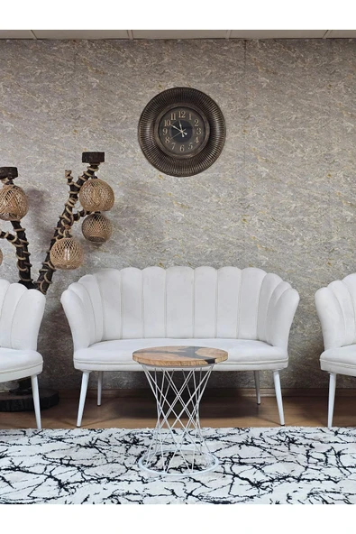 Beyaz Boyalı Sivriltme Ayak Krem Döşeme Papatya Çay Seti Koltuk Takımı , Balkon, Salon, Ofis, Cafe Koltuk Takımı - 2